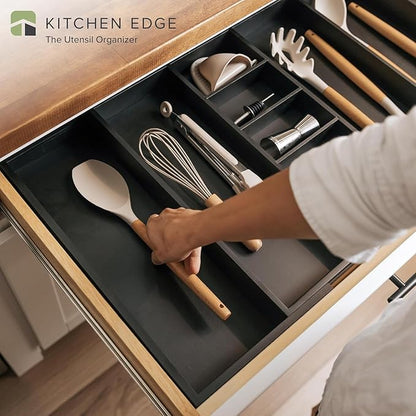 KitchenEdge Adjustable Kitchen Drawer Organizer for Utensils and Junk, Food-Safe Contract Grade with 100% Sustainable Wood, Expandable from 19 to 33 Inches Wide - Black Bamboo