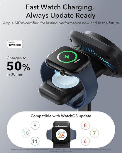 ESR for 3 in 1 Charging Station, Qi2.2 Certified 25W MagSafe Charger Stand with CryoBoost, Phone-Cooling Fast Charging Station, for iPhone 17/16 with iOS 26, AirPods, Apple Watch, Black