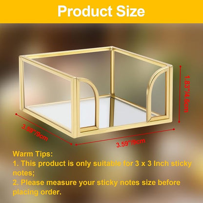 Glass Sticky Note Holder, Gold Post It Note Dispenser for Desk,3 x 3 Inch Post It Note Holder,Stylish Sticky Note Dispenser for Home Office Desk