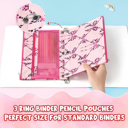 WAWSAM Bow Pencil Pouch for 3 Ring Binder, Zipper Pencil Pouches for Girls | 2 Pocket Clear Window Pencil Case, 3 Ring Pencil Pouch for School Supplies, Pencil Bags for Office College