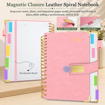 Hardcover Spiral Notebook 8''x 10'' College Ruled Notebook with Magnetic Closure, 300 Pages 5 Subject Notebooks with Pocket Dividers for Work School, B5 Leather Journal for Women, Men (Pink)