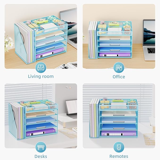Marbrasse 5-Tier Desk Organizer with File Holder,Paper Letter Tray Organizer,Desktop File Organizer with Adjustable Compartments,Mesh Desk Organizers and Accessories for Office Supplies,Blue