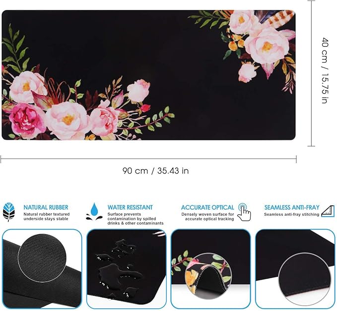 iCasso Extended Gaming Mouse Pad (35.4x15.7 in), Large Non-Slip Rubber Base Mousepad with Stitched Edges, Waterproof Keyboard Mouse Mat Desk Pad for Work, Game, Office, Home -Flower