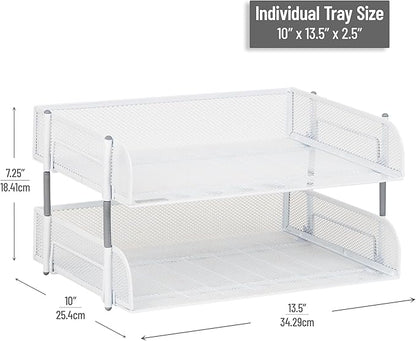 Mind Reader Stackable Paper Tray, Desktop Organizer, File Storage, Office, Metal Mesh, 13.5" L x 10" W x 7.25" H, 2 Pcs., White