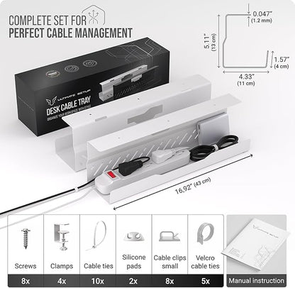 Under Desk Cable Management Tray no Drill – Wire Management - Cord Organizer – Huge Load Capacity – Under Desk Cable Tray no Drill (White, 2 Pieces Set)