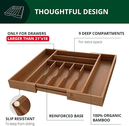ROYAL CRAFT WOOD Luxury Bamboo Kitchen Drawer Organizer - Silverware Organizer - Utensil Holder and Cutlery Tray with Grooved Drawer Dividers for Flatware and Kitchen Utensils (9 Slot, Brown Bamboo)