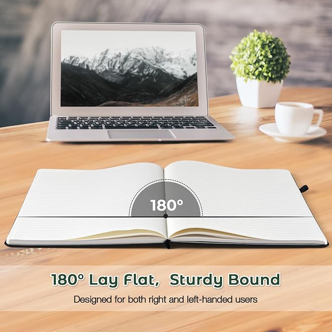 College Ruled Notebook, A4 Hardcover Leather Notebook for Work, Lined Notebook Journal for Women, Men, 192 Thick Paper, Lay Flat, Large Notebook with 2 Pockets, Professional Business Notebook, Green
