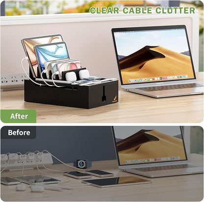 Pezin & Hulin Bamboo Charging Station for Multiple Devices, USB Charger Dock Organizer, with Power Supply (10 Ports HUB), 6 Cables, Cable Management Organizer for Cell Phones, Tablets -Black