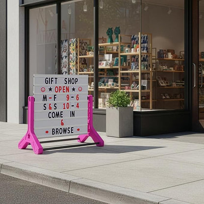 Swinging Changeable Message Sidewalk Sign 36″ x 37″ – Outdoor Advertising Sign Board with 792 Pre-Cut Double-Sided Letters & Storage Box – Heavy-Duty, Rust-Resistant Sidewalk Display for Businesses & Events (Pink Legs)