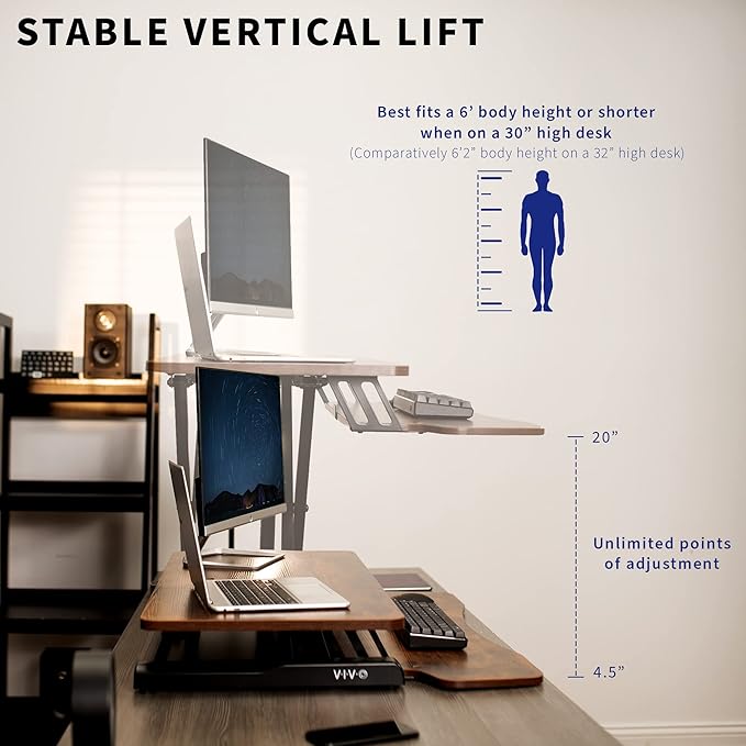 VIVO 32 inch Desk Converter, K Series, Height Adjustable Sit to Stand Riser, Dual Monitor and Laptop Workstation with Wide Keyboard Tray, Vintage Brown Top, Black Frame, DESK-V000KN