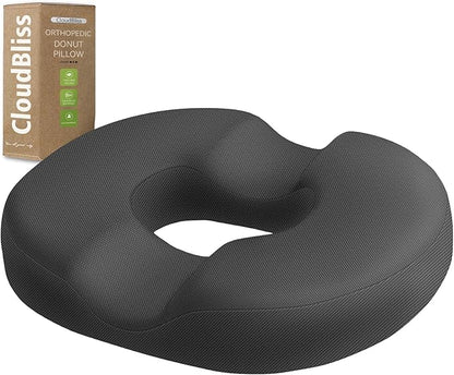 CloudBliss Donut Pillow Seat Cushion Chair Pad for Tailbone Pain Relief and Hemorrhoids, Memory Foam Seat Chair Cushion for Men and Women for Home & Office, (Grey-2XL)