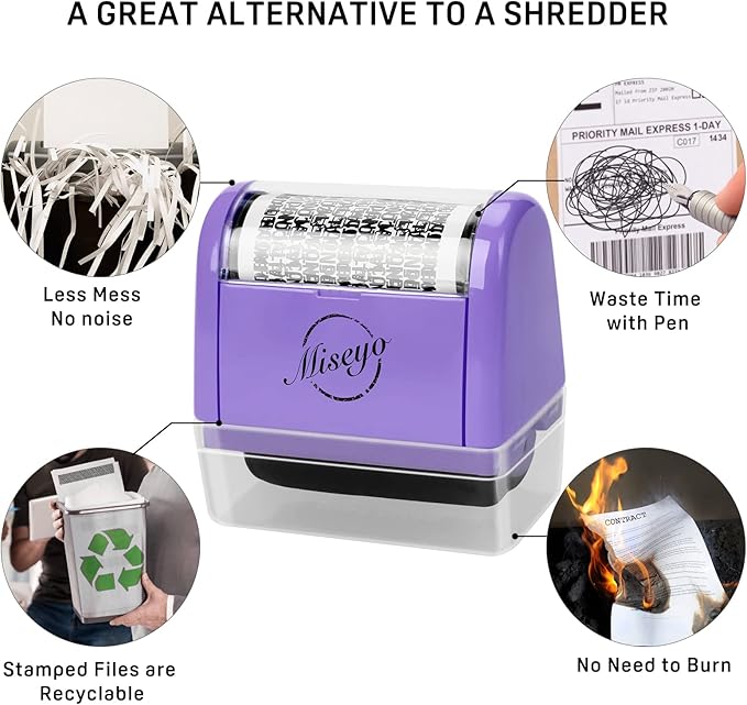 Miseyo Wide Identity Theft Protection Roller Stamp Set - Purple (3 Refill Ink Included)