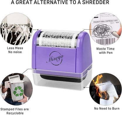 Miseyo Wide Identity Theft Protection Roller Stamp Set - Purple (3 Refill Ink Included)