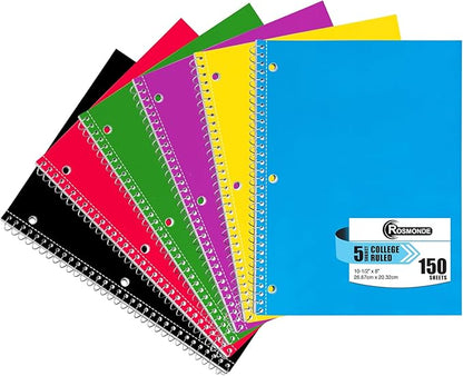 Rosmonde 5 Subject Notebook College Ruled, 6 Value Pack, 300 Pages (150 Sheets), 8 x 10-1/2", 5 Subject College Ruled Spiral Notebooks for School & Office, Thick Paper Fights Ink Bleed, 3 Hole Punched