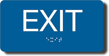 NAP TAGS ADA-compliant Exit Sign (6" x 3"). Features raised text and Braille on a blue background. Durable, easy to install, and perfect for any indoor facility.