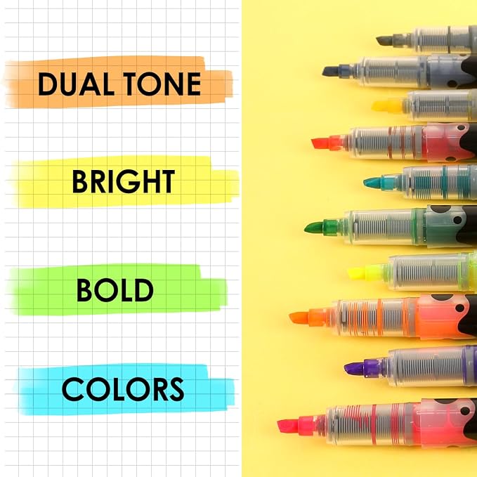 Grabie 20 Dual Tip Colors Highlighters, DuoMark Highlighter Set of 10, Dual Tone Highlighters Assorted Colors, Versatile Chisel Tip, Highlighter Markers, Note-taking