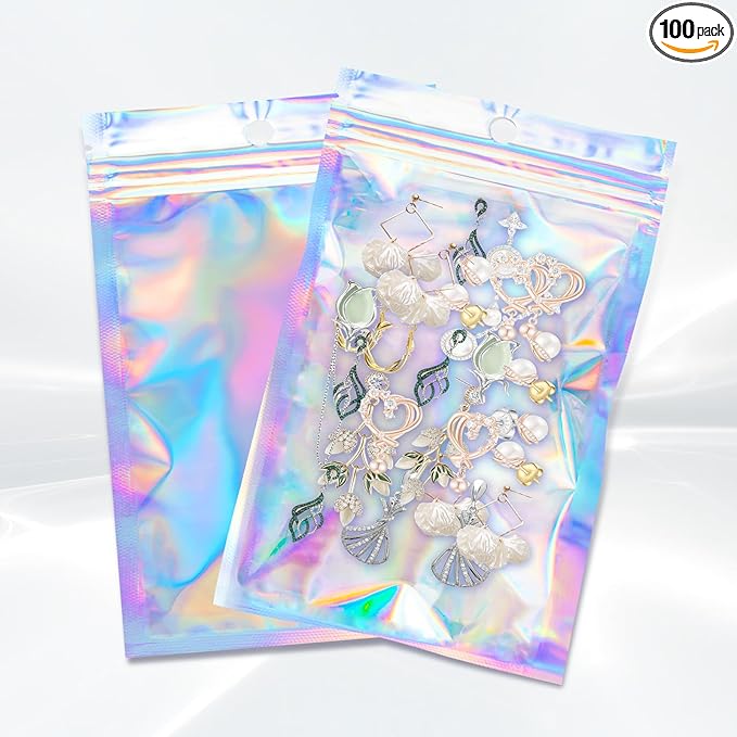 100Pcs Holographic Packaging Bags, 3.1x4.7 inch Resealable Foil Pouch Mylar Sample Bag Great for Small Business and Party Favor Food Storage……