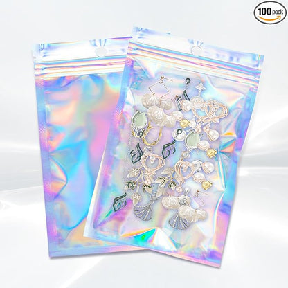 100Pcs Holographic Packaging Bags, 3.1x4.7 inch Resealable Foil Pouch Mylar Sample Bag Great for Small Business and Party Favor Food Storage……