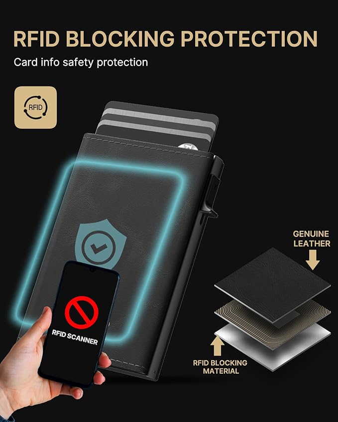 typecase Mens Wallet Card Holder: Pop Up Aluminum Case, Genuine Leather, Smart, RFID Blocking, Slim, Minimalist, Front Pocket - 9-14 Card Capacity | ID Window | Cash Slot - Oil Wax Black