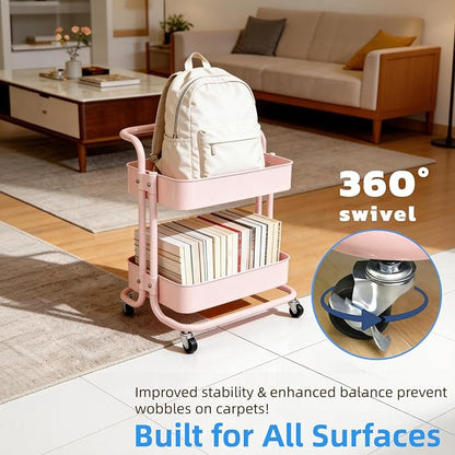 Ufriandz 2 Tier Short Rolling Cart with Wheels All-Metal Pink Pantry Storage for Kitchen,Under Desk Trolley with Handle Small Wheeled Storage Cart for Laundry Room Bathroom, Under Table Small Space