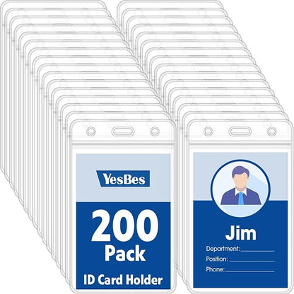 200 Pcs Vertical Badge Holders, Waterproof ID Badge Holder, Clear ID Card Holder with Resealable Zip for Proximity Cards, RFID, Credit Cards
