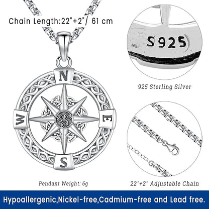 Compass Necklace for Women Men 925 Sterling Silver Pendant Urn Necklaces for Ashes Picture Locket Necklace Anchor Necklace Viking Necklace Crystals CZ Moonstone Abalone Shell Turquoise Compass Jewelry