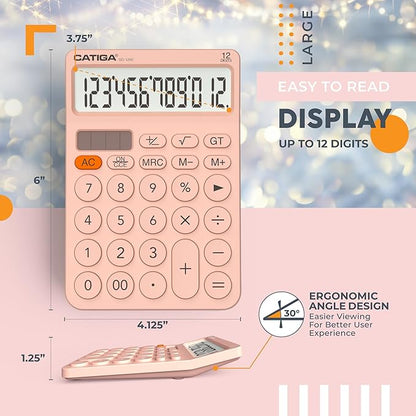CATIGA 12 Digit Desktop Calculator Basic Desk Calculator with Large LCD Display, Big Buttons, 4 Function, Solar and Battery Dual Power, for Office, School, Home, SD-1292 Pink