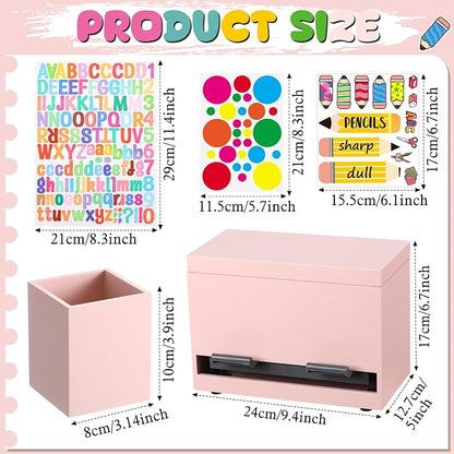 Mifoci 8 Pcs Wooden Pencil Dispenser Kit for Classroom Wooden Pen Holder Straw Dispenser Sharp and Dull Letter Stickers for Teachers Classroom Supplies Storage (Pink)