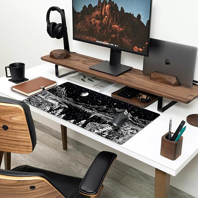 Black and White Desk Mat Dark Nature Forest Mouse pad XXL Starry Night Mountain Desk pad Aesthetic Moon and Stars Mousepad XXL for Laptop Computer Mouse Gaming Keyboard Mat, 31.5 X 15.8 in