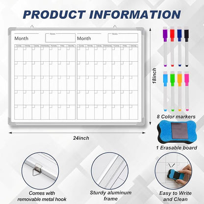 Lincia 36" x 12" Magnetic Horizontal 2 Month Dry Erase Calendar for Wall Undated Horizontal Dry Erase Wall Calendar Planner Aluminum Frame Whiteboard Calendar for Home Office Projects Wall Fridge
