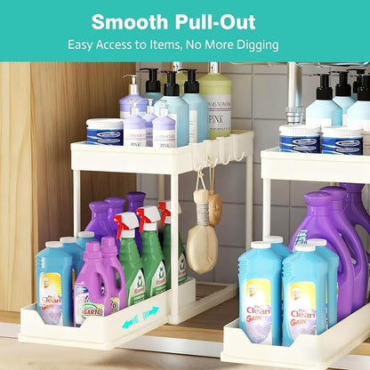 APWNRJA Under Sink Organizers and Storage 2 Pack, Pull-Out Sliding Cabinet Organizer with 2-Tier Storage Shelf & 4 Hooks, Multi-Purpose for Kitchen & Bathroom (13 Inch, White)