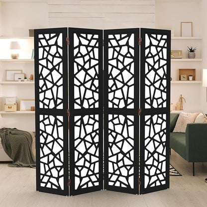 VINGLI 70'' H Room Divider, Non-Woven Fabric Privacy Screen, Indoor Partition Wall Dividers, Freestanding Hinged Space Separator with Modern Unique Pattern (Black, 4 Panel)