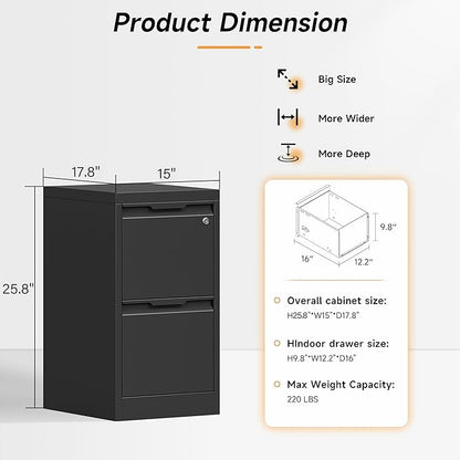 Bestoo 2-Drawer File Cabinet with Lock, Metal Filing Cabinet for Home Office, Vertical Filing Storage Cabinets, Fits File Folders, Letter/Legal/F4/A4 Size, Assembly Required (Black)