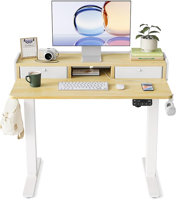 YIHAYO Electric Standing Desk with Drawers, 40 x 24 Inches Adjustable Desk with Storage Shelf, Stand Up Desk with Splice Board, Computer Table for Home Office, White Frame/Natural Top
