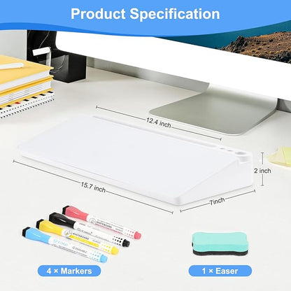 Desktop Glass Whiteboard with Storage, Desk White Board with Computer Keyboard Stand, White Dry Erase Board with Drawers for Home, School, Office Desk Organizers and Accessories