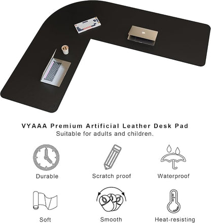 Vyaaa (59"+70.8") x 23.6" L Shaped Leather Desk Pad (Black), Dual-Sided Reversible PU Leather Desk Mat, Extra Large Mouse Pad, Compatible with L Shape Computer Desk for Home or Office