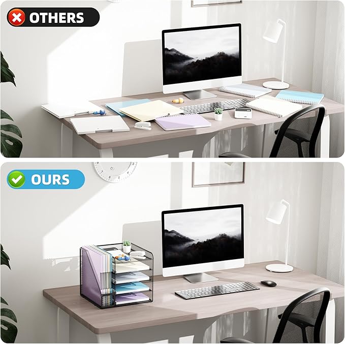 Marbrasse Desk Organizers and Accessories, 5-Tier Paper Letter Tray Organizer with File Holder, Mesh File Organizer, Office Desk Accessories & Organization for Supplies (Black)