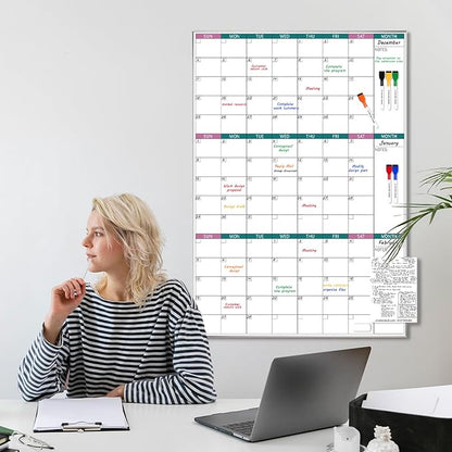 ARCOBIS 3-Month Dry Erase Calendar for Wall, 39"x28" Magnetic Whiteboard Calendar with Silver Aluminum Frame, Monthly Calendar Board for Office, Home, School