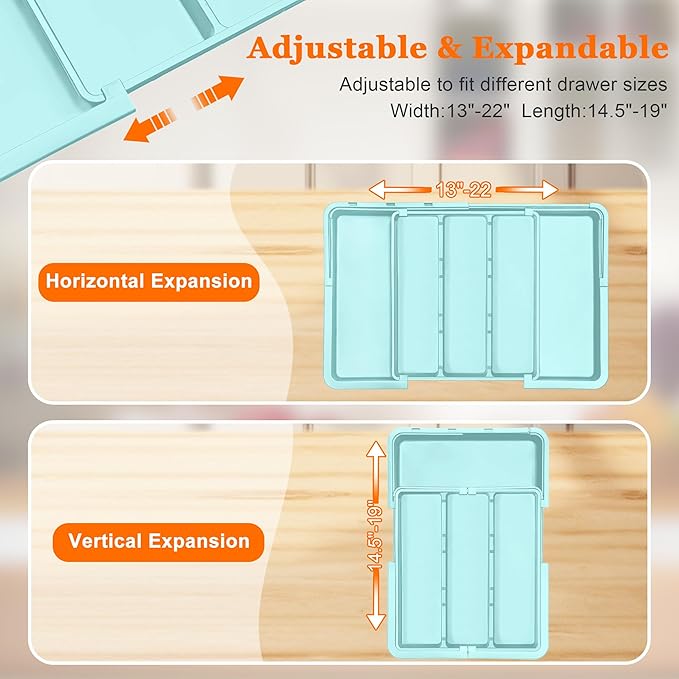 Large Utensil Drawer Organizer Expandable Silverware Organizer for Kitchen Drawer Adjustable Cooking Utensil Holder Cutlery Flatware Tray Spatula Tools Gadgets Storage Dividers Plastic Turquoise