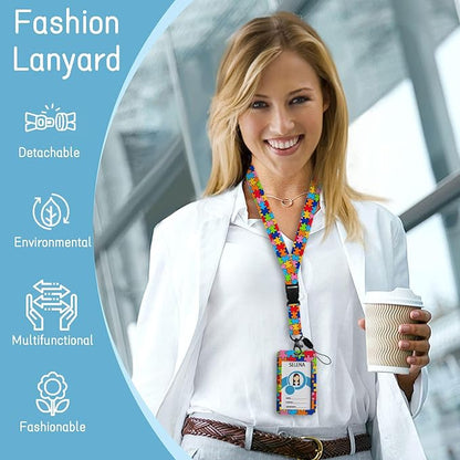 ID Badge Holder with Breakaway Lanyard, Lanyards for ID Badges Name Tags ID Card Holder, Cute Badge Reel Badge Clip Retractable, Autism Awareness Gifts
