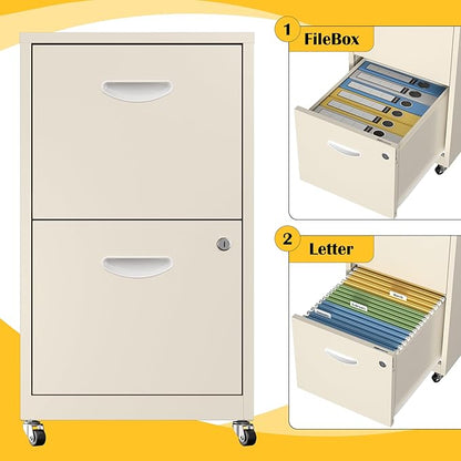 SteeLoong 2 Drawer File Cabinet with Lock，Cream Rolling File Cabinet for Home Office, Metal Small Mobile Filing Cabinets on Wheels for Hanging Letter