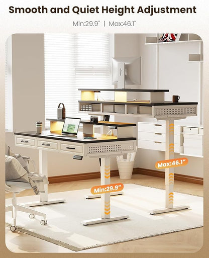 OffiGo Electric Standing Desk with 3 Wooden Drawers, 48 Inch Height Adjustable Desk with Power Outlets & LED Lights, Black and White Sit Stand Table with Monitor Stand for Home, Office, Workstation