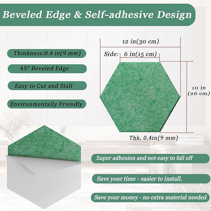 Hexagonal Acoustic Panels-12 Pack High-Density Sound Absorbing Panels 12"X10"X0.4" for Enhanced Noise Reduction, DIY Design, Idea for Studios, Offices, and Home Theaters(Forest Green)