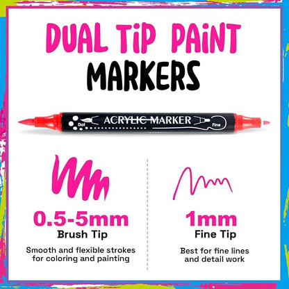 24 Colors Dual Tip Acrylic Paint Markers,Fine Tip and Brush Tip Permanent Acrylic Paint Pens For Rock Painting, Canvas, Wood, Glass, Ceramic, Fabric, Plastic, Egg, Scrapbook,Art Painting Supplies Kit