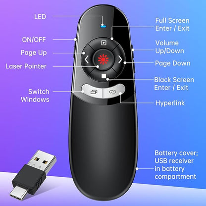 2 in 1 Type C USB Presentation Clicker with Carry Bag, Wireless Presenter Remote PowerPoint Clicker for Computer Presentations, Slide Advancer for Mac Laptop