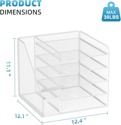 Marbrasse Desk Organizers and Accessories, 5-Tier Paper Letter Tray Organizer with File Holder, Mesh File Organizer, Office Desk Accessories & Organization for Supplies (White)
