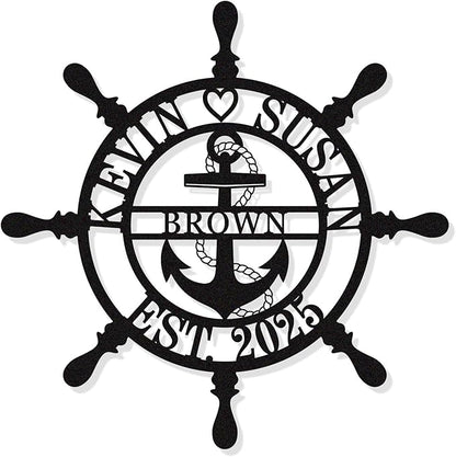 Personalized Wheel Ship Metal Sign, Custom Nautical Wall Decor, Custom Ship Wheel Monogram Wall Sign, Lake Beach House Decor