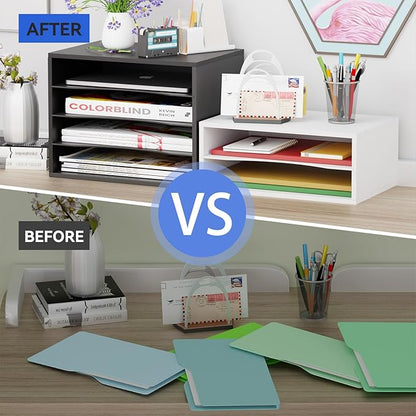 GDINDINFAN Wood Desktop Letter Tray File Organizer, Paper Storage Mail Sorter with Adjustable Drawer Boards for Home and Office, White