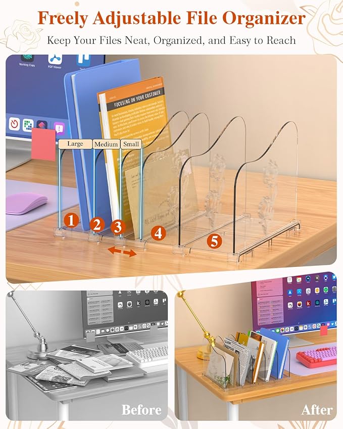 COWVTUJ Adjustable Rose File Organizer for Desk, Vertical File Folder Holders for Magazines, Upright Desktop Binder Organizer, Clear Paper Bookshelf Divider File Sorter for School Office Supplies