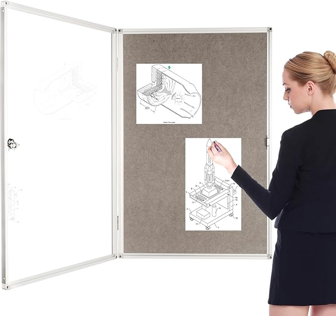 BIBOC Enclosed Felt Bulletin Board 36x24 inch Lockable Cork Noticeboard Display Cases Tamperproof Notice Poster Memo Board with Class Aluminum Frame (Felt, 24×36 inches)